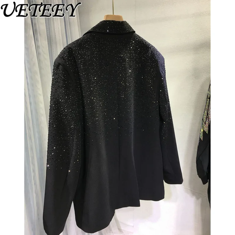 Cappotto blazer con perforazione a caldo con ricamo pesante Cappotto da donna primavera autunno allentato di media lunghezza nero Nuova giacca