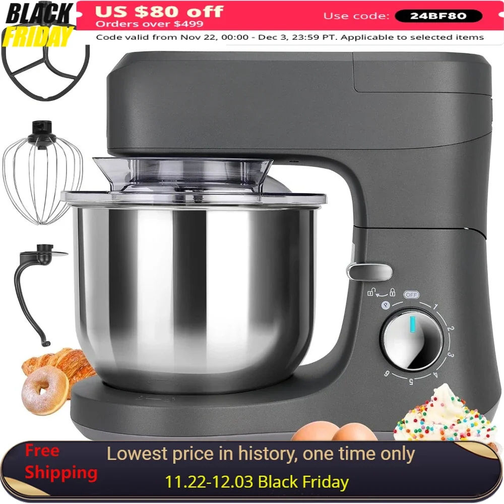 7.4 QT Household Stand Mixer, 6-Speed 600W with Bowl Hook Whisk Beater & Splash Guard, Tilt-Head Food Mixers, Electric Mixers