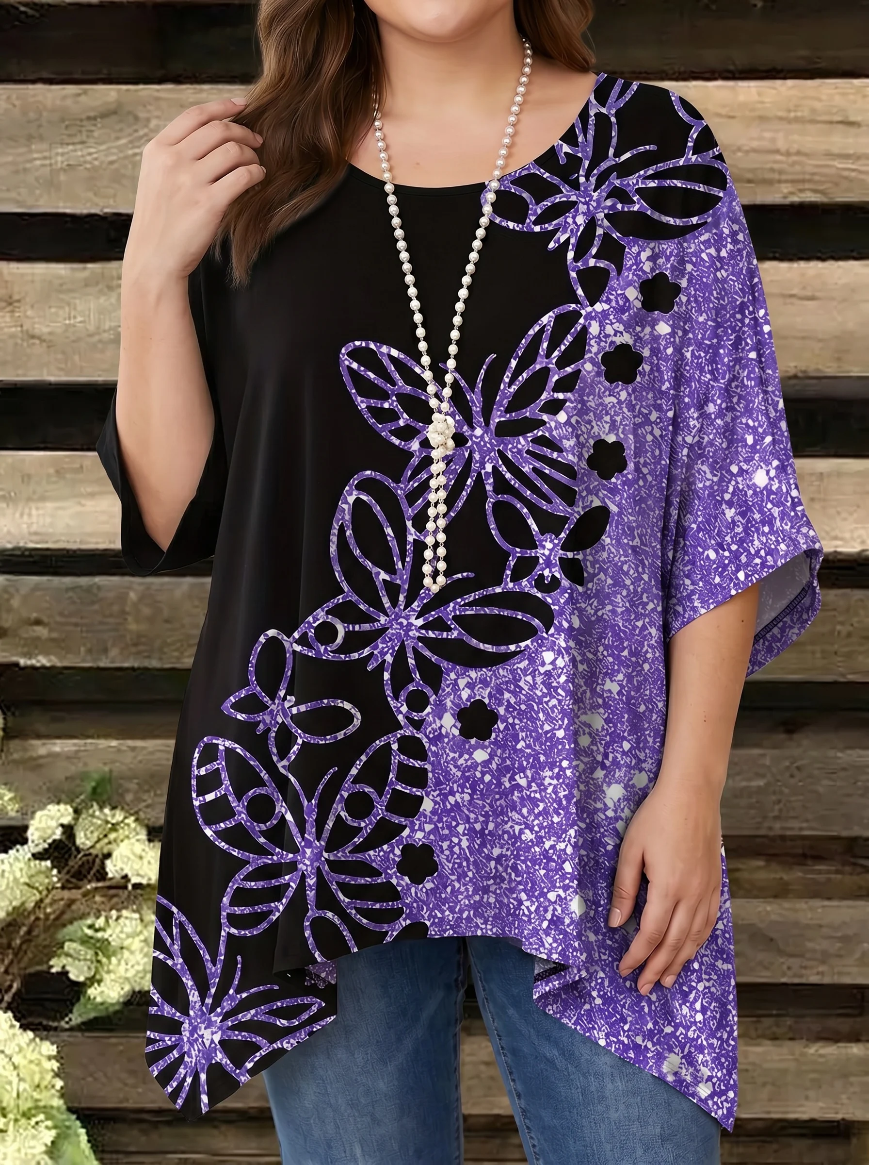 Gadinus Plus Size Damen-Bluse mit abstraktem Aufdruck, lockere Passform, langärmlig, asymmetrischer Saum, Übergröße, lässiges bedrucktes Tunika-Oberteil – Detail 5