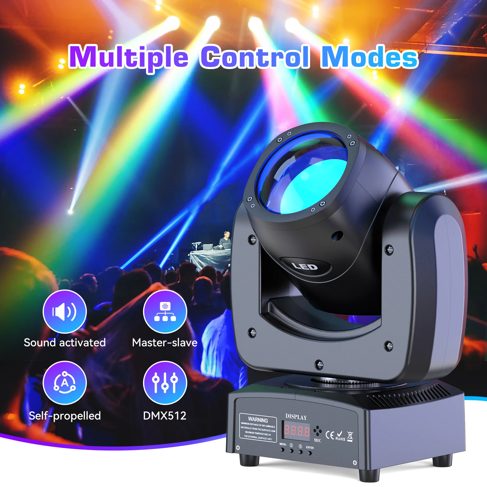 Fieryzeal 100W RGBW 4IN1 LED Moving Head Light Rotating Beam Stage Light Sound Activated DMX512 Effect for DJ Party Club Event