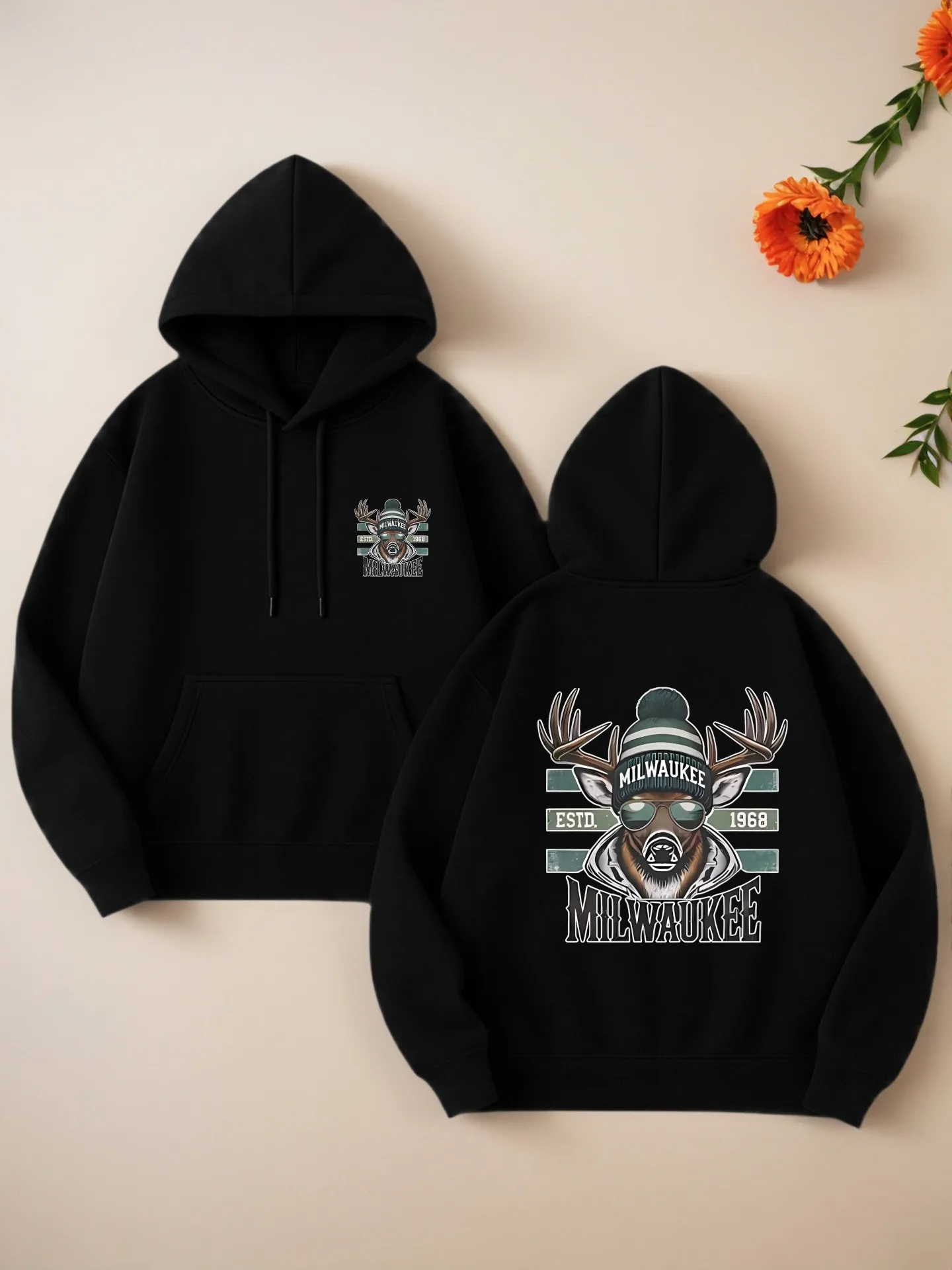 

Graphic Hoodie, Milwaukee - Themed Print, Casual Streetwear, Fleece - Lined, for Young Men, Casual Everyday Wear