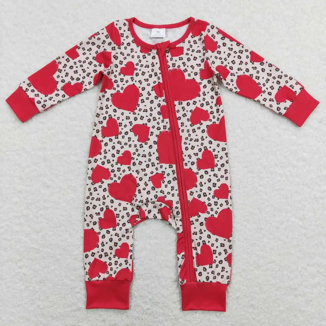 Wholesale hot sale baby kids clothes newborn toddler Love leopard print red zipper long-sleeved onesie rompers