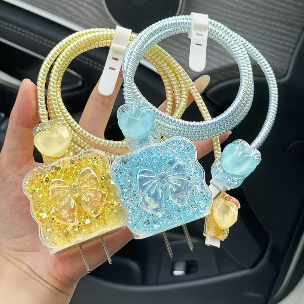 Glitter 3D Love Heart Wave Border USB Cable Protector Cover For iPhone 18W/20W Data Line Bite Head Cord Fast Charging Case