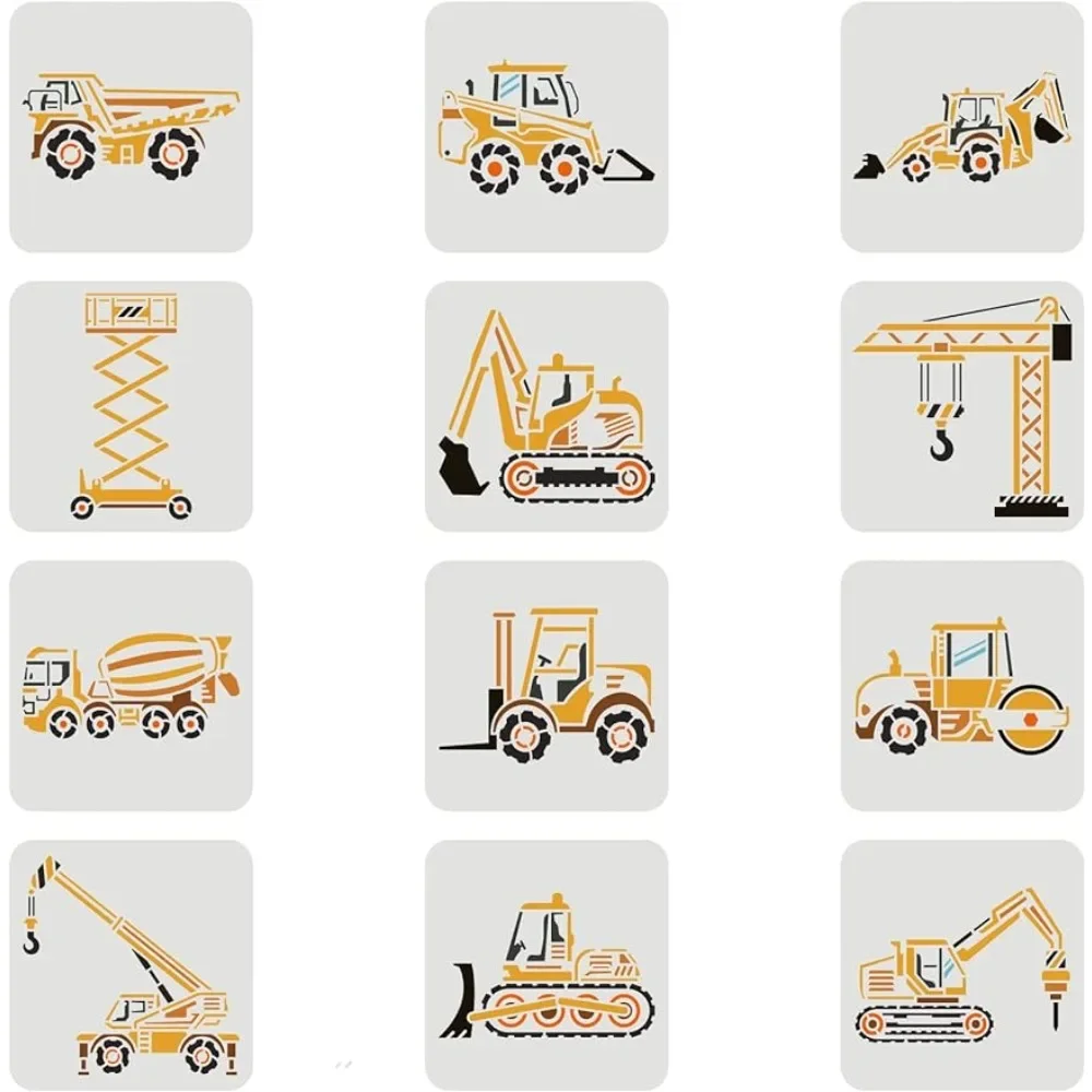 12 Pcs Construction Vehicle Stencils 7.9x7.9 inch Reusable Truck Stencils Plastic Forklifts Excavators Cranes Mixers Pattern