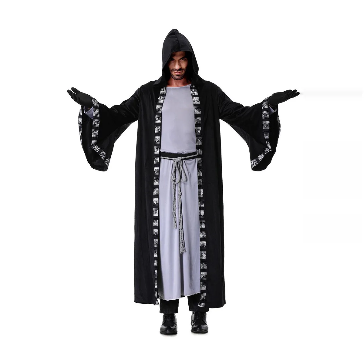 Costume da mago k da uomo nuovo Misterioso abito magico loween Mago medievale Mantello con cappuccio plus Size Abbigliamento per spettacoli teatrali