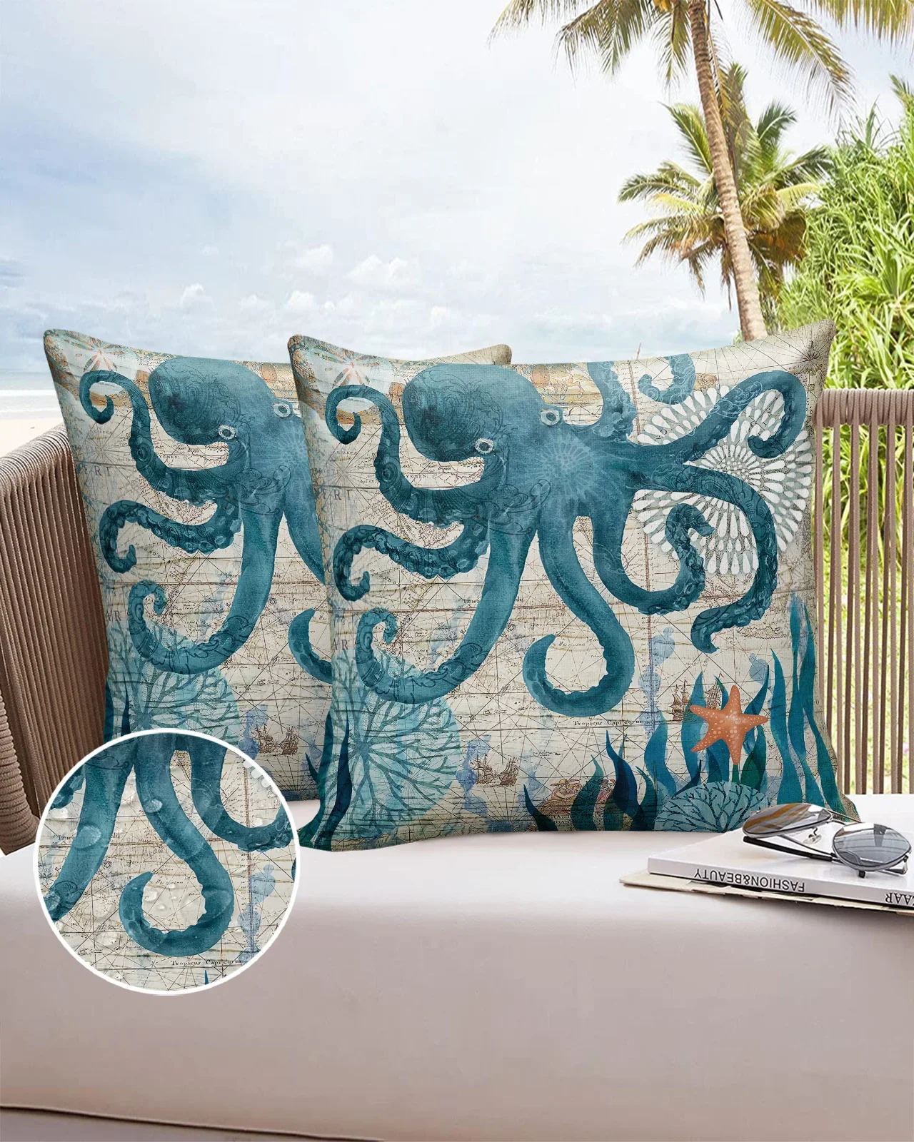 2/4PCS Outdoor Garden Chair Waterproof Cushion Cover Octopus Ocean Retro Nautical Style Home Decor 40/45/50/60/66cm Pillow Case