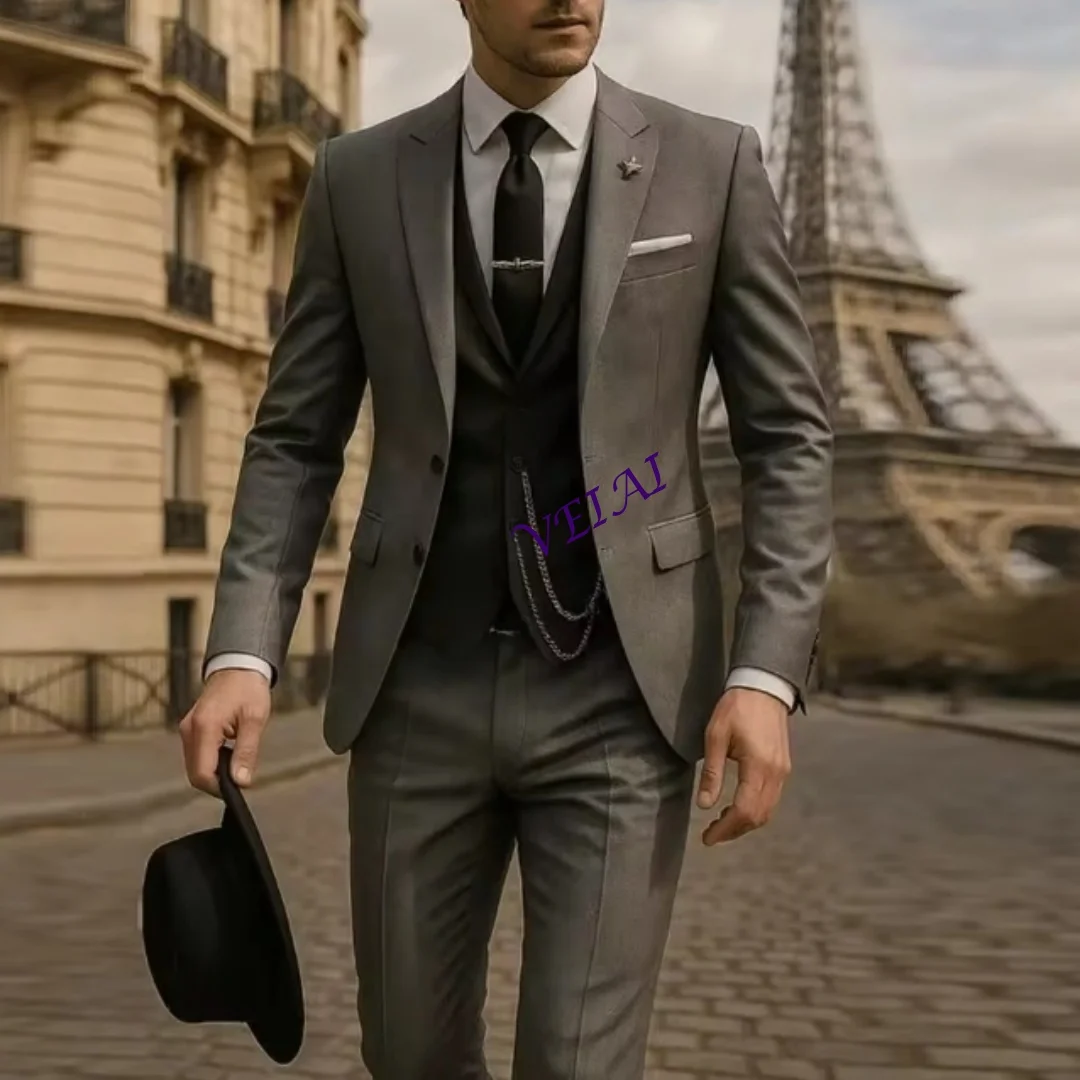 

CustomizedNew Grey And Dark Grey Formal Men Suit Groom Groomsman Wedding Party Prom Business Male Tuxedos 3 Piece Set Blazer Ves