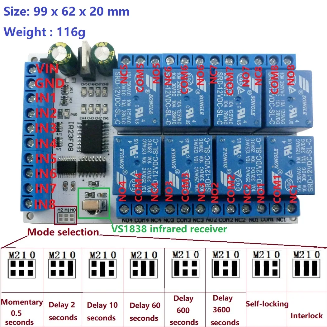 8CH DC 5V 12V Multi-function IR infrared Control Delay Relay Flip-Flop Latch Bistable Self-locking Interlock Latch IR23F08