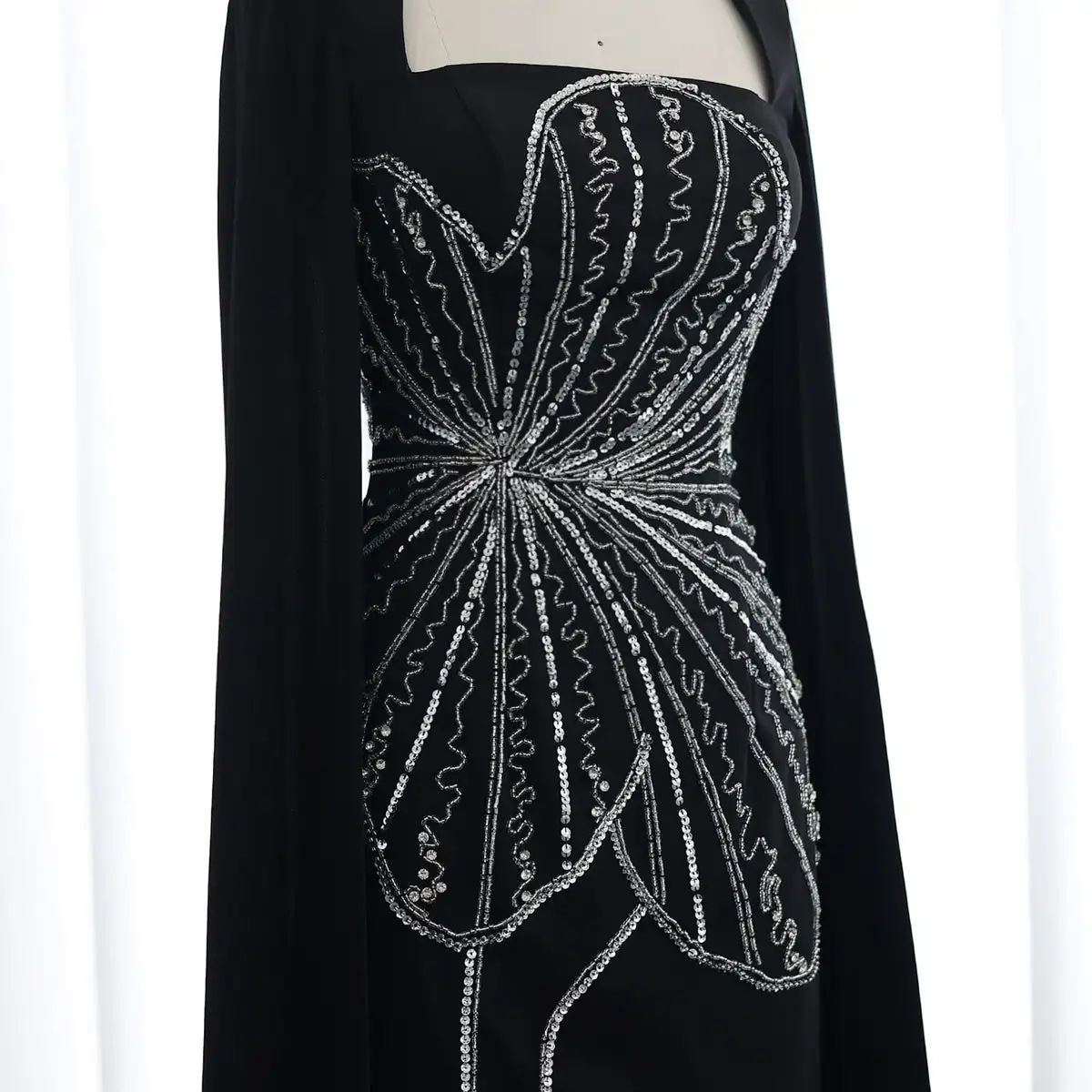 Elegant Black Luxury Beaded Arabic Evening Dress With Cape Sleeves Long Dubai Women Wedding Party Gowns Lsz275