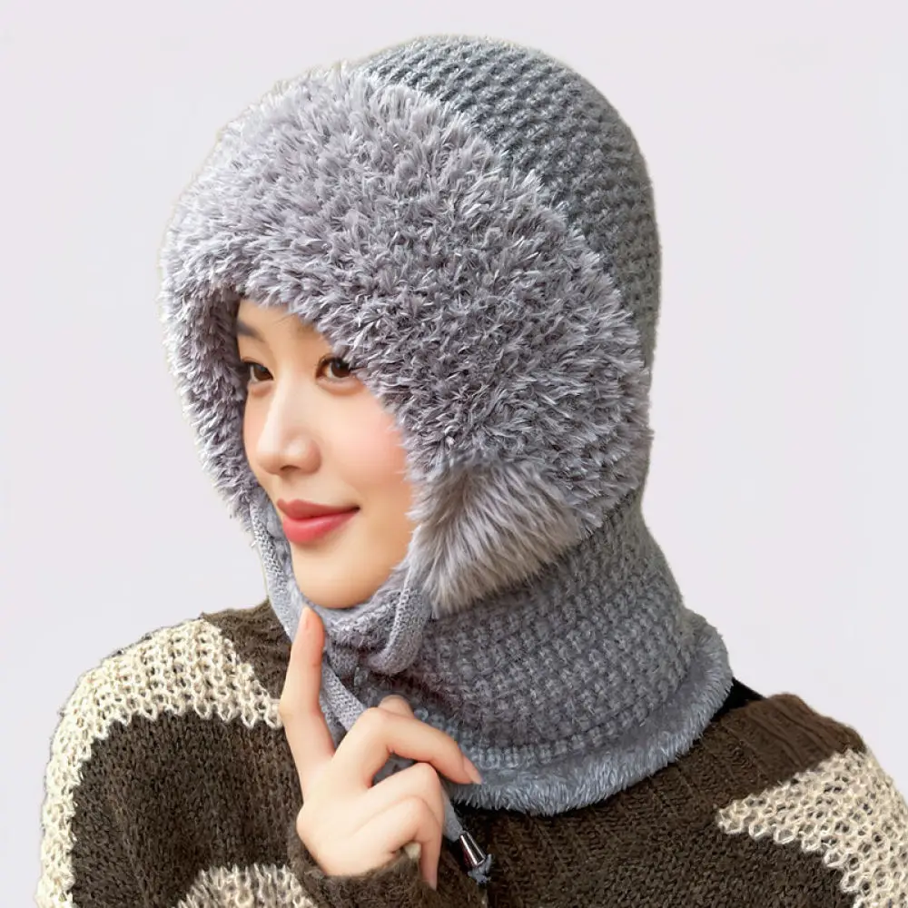 Winter Integrated Hat Scarf Mask Women Warm Thickened Plush Balaclava Cap Outdoor Cycling Windproof Ear Protection Hood