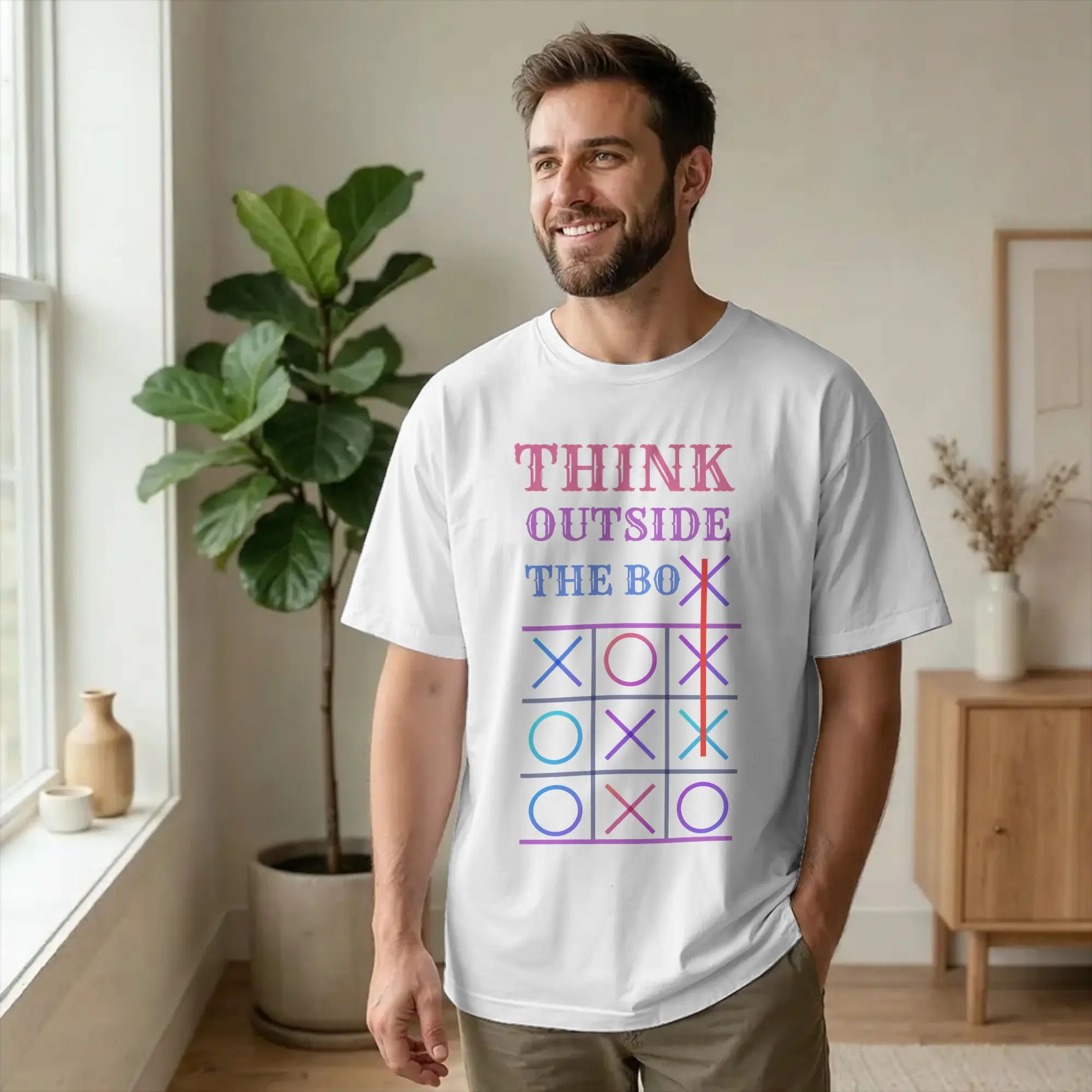 Think Outside The BOX  T-Shirts Tic Tac Toe Fun Pure Cotton Tee Shirt Round Collar Short Sleeve T Shirts Plus Size Clothing