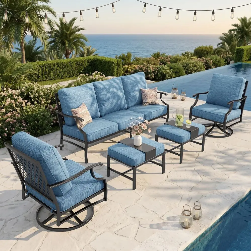 

5 Piece Metal Outdoor Patio Furniture Set, Patio Conversation Sets 3seater Sofa, 2 Swivel Chairs, 2 Ottomans with 5.75 Thick Cu