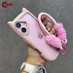 Cartoon 3D Cat Ear Lanyard Case For iPhone 17 Pro Max 12 13 14 15 16 Pro Max Plus 13 Mini 11 Wristband Clear Soft Border Cover