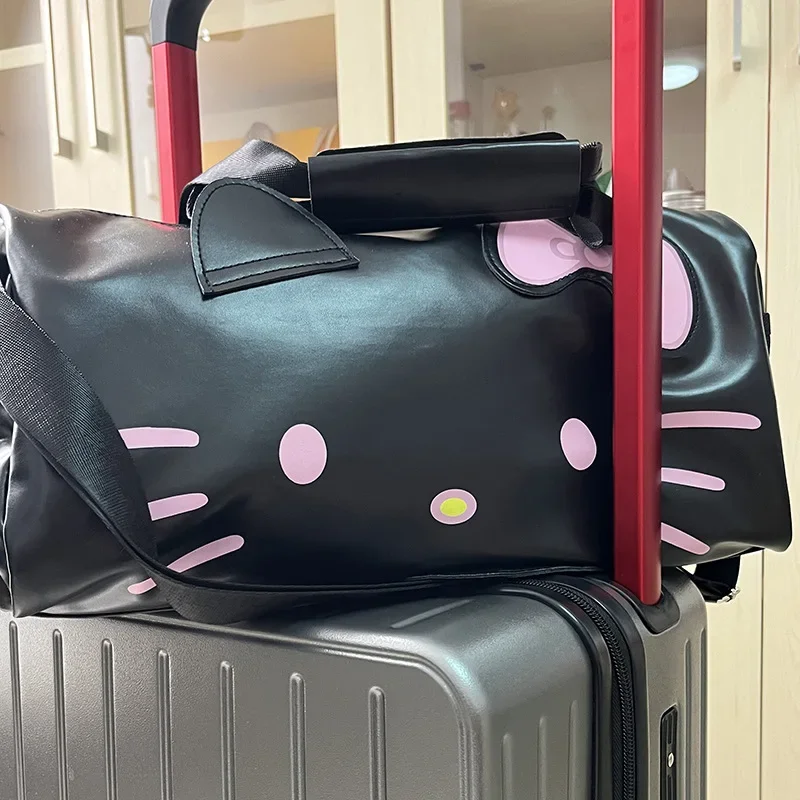 Sanrio HelloKitty Cartoon Cute Woman Travel Bag Girl Single Shoulder Black Leather HelloKitty Fitness Tote Crossbody Travel Bag