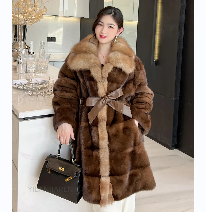 Long Mink Fur Coat for Women, Purple Mink Fur Lapel, 100% Genuine Mink Fur Jacket, European Street Style, Very Warm, 2023