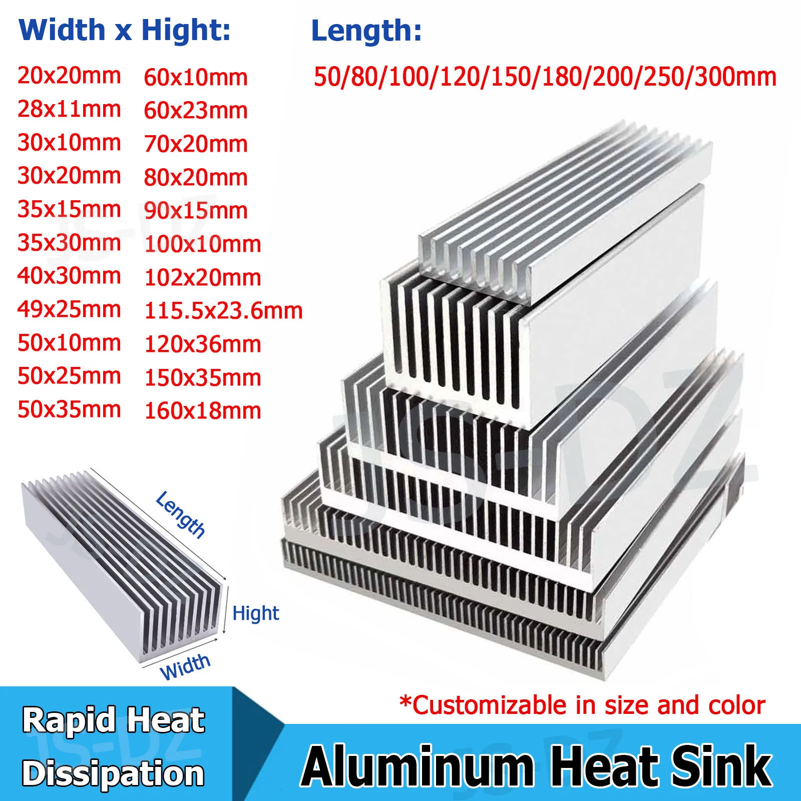 

1pcs Width 20-160mm Aluminum Heat Sink Rapid Heat Dissipation Cooling for Electronic Chip LED COB Light Power IC Transistor