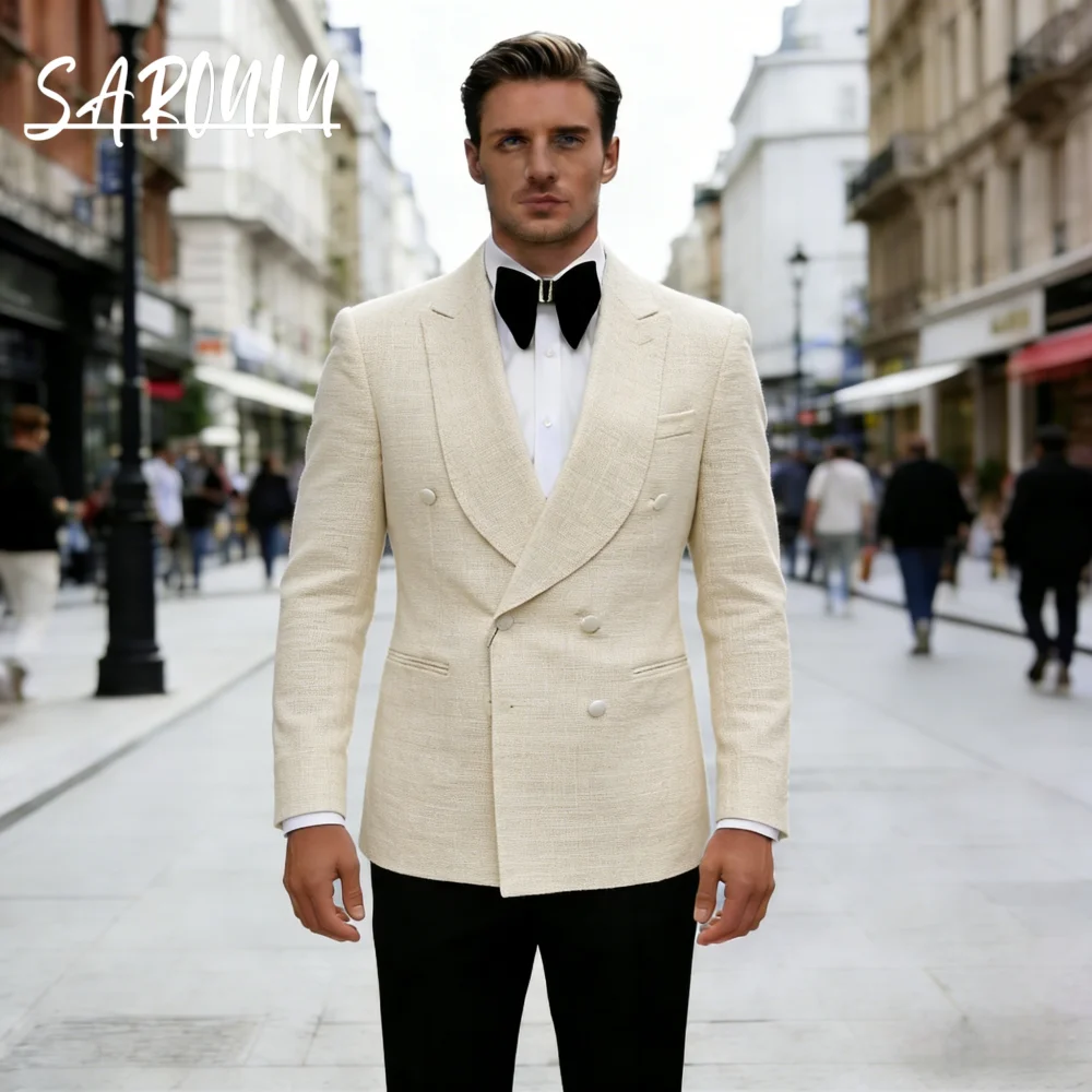 

Haute Couture Men's Beige Double Breasted Suit 2 Pieces Textured Fabric Peak Lapel Slim Fit Formal Wedding Groom Dinner Tuxedo