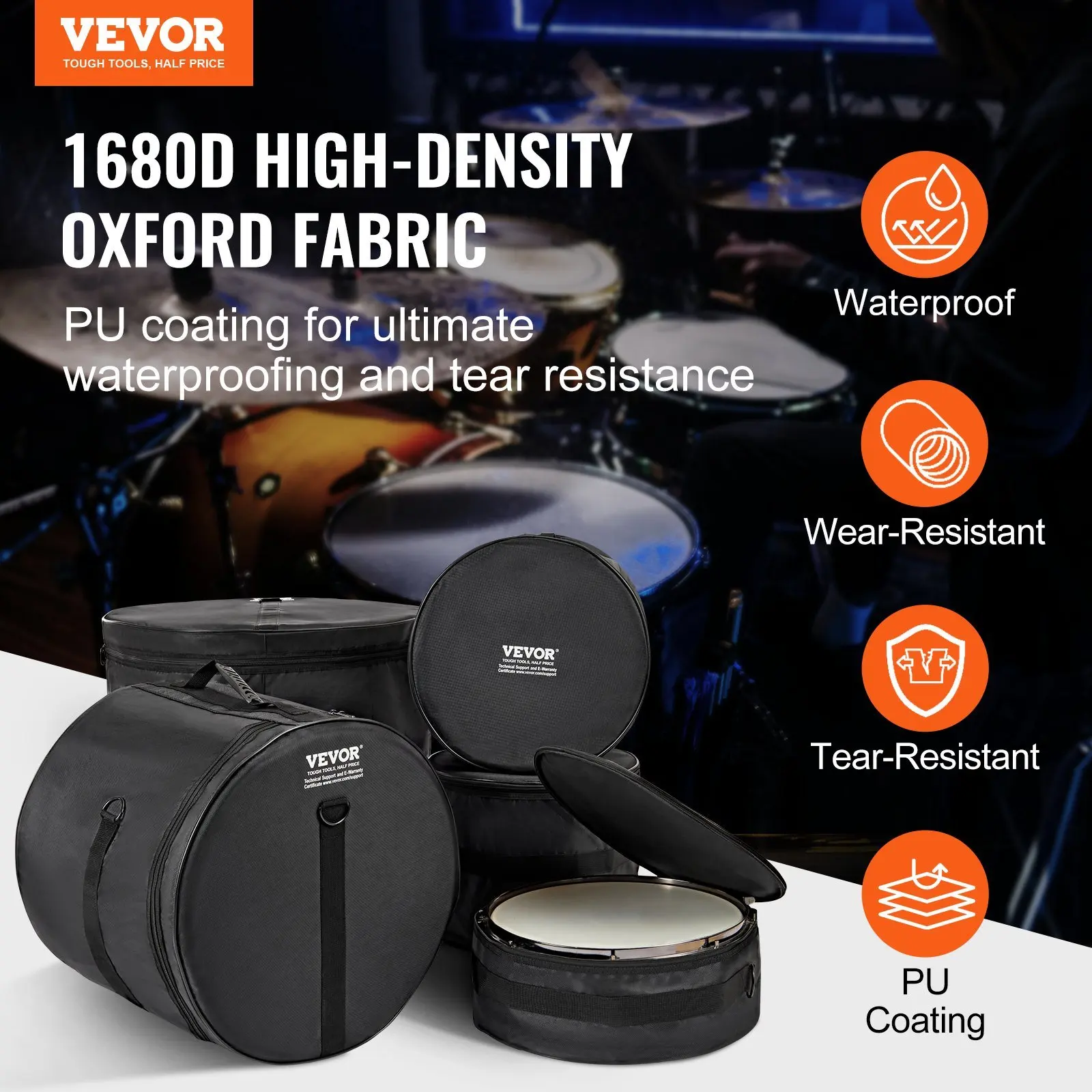 5-Piece Drum Bag Set, 1680D Oxford Fabric, Padded Drum Bags and Cases with 4.92 ft Detachable Shoulder Strap Carry Handles