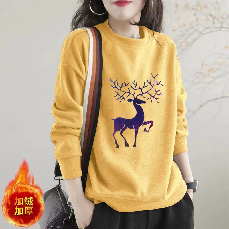 Women Clothing Autumn Winter Simple Casual Print All Match Sweatshirt Y2K Korean Long Sleeve Loose Fleece Warm Hoodies Sudaderas