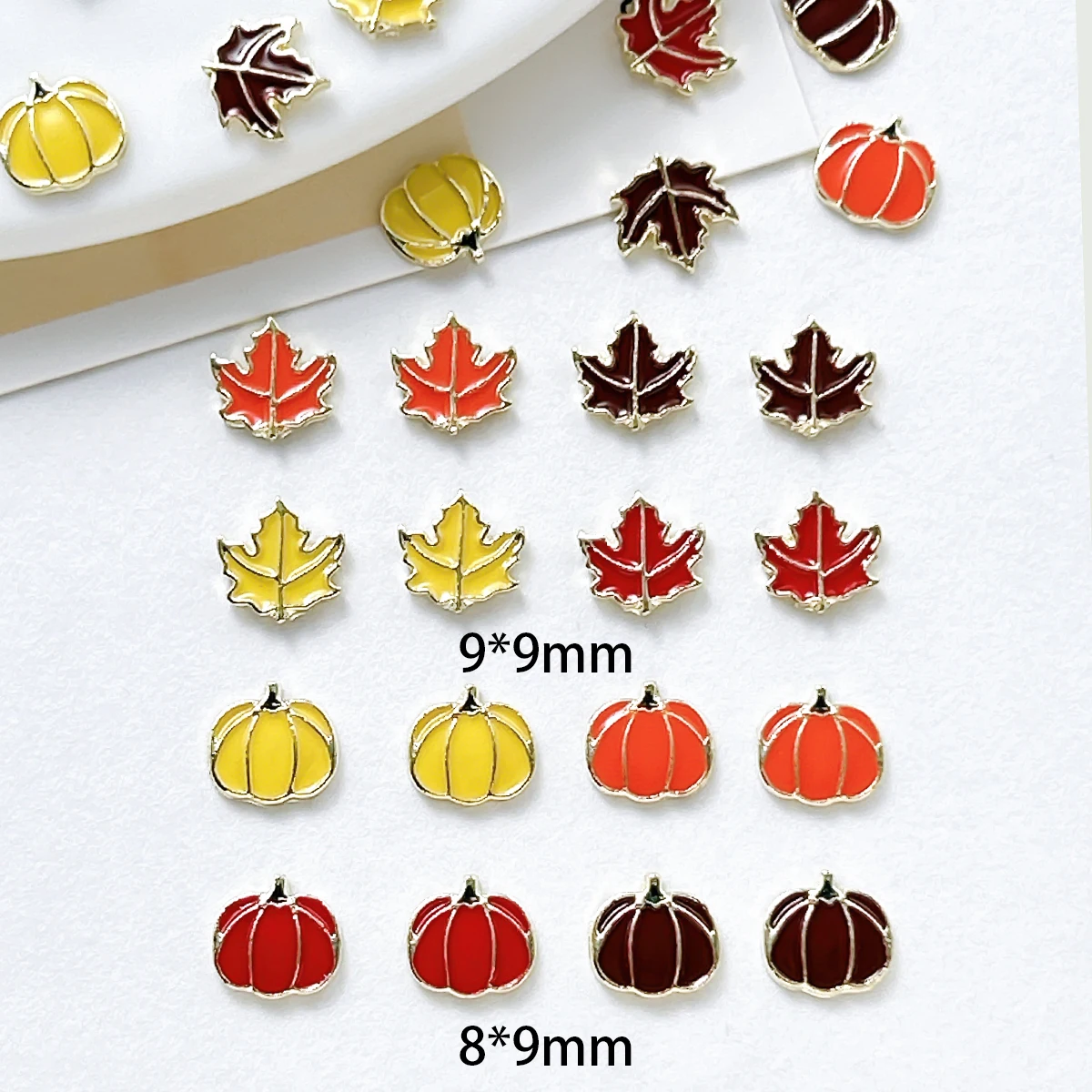 15PCS 3D Creative Alloy Gold Bottomed Maple Leaf Nail Art Accessories Multiple Colors Simulated Pumpkin Mixed Nail Charms DIY