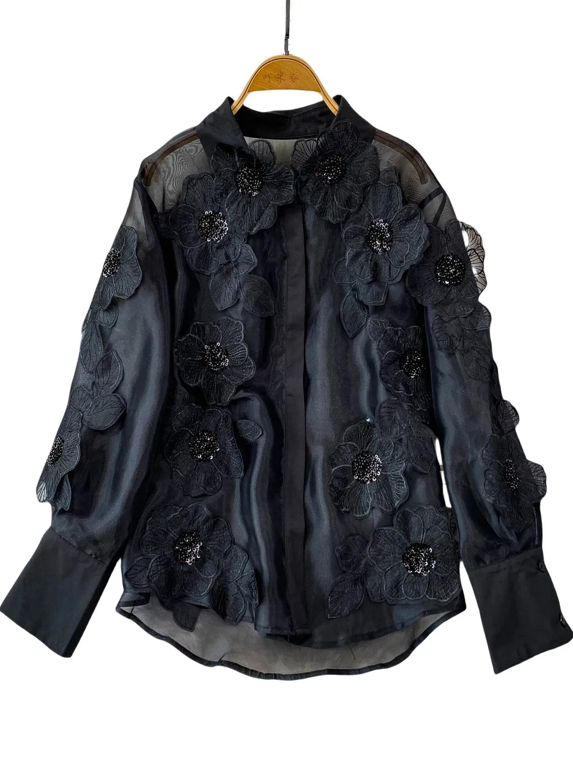 

Ele Long Sve iny Sequin 3D Flower Stand Collar Loose Thin Georgette irt for Women Summer Anti-Uv Korean Sle