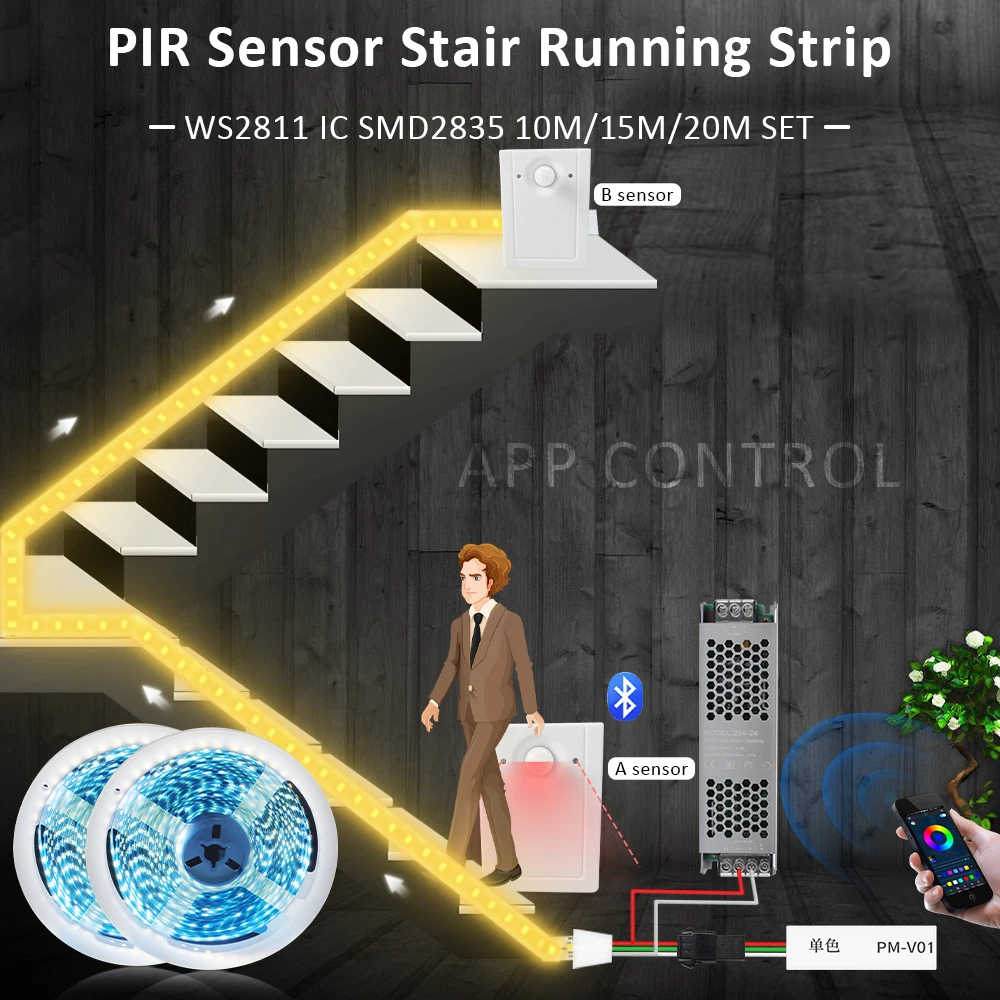 Bluetooth PIR Motion Sensor Water Flow LED Strips 24v SMD2835 10M 20M Horse Race Tape Lamp Ribbon Light for Stairs 30s Delay Off