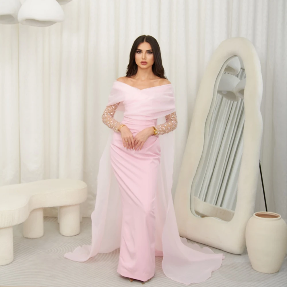 

Customized Pink Tulle Off the Shoulder Evening Dress Sequined Straight Sweep Train Backless Floor Length Party Gown For Women