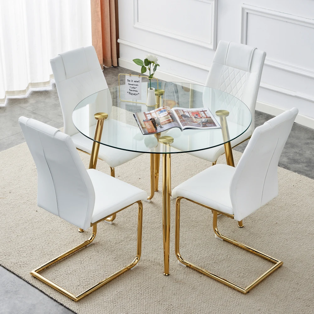 

Table and Chair Set, Circular Dining Table of 40 Inches Paired with 4 White PU Cushions and Gold-plated Metal Foot Dining Chairs