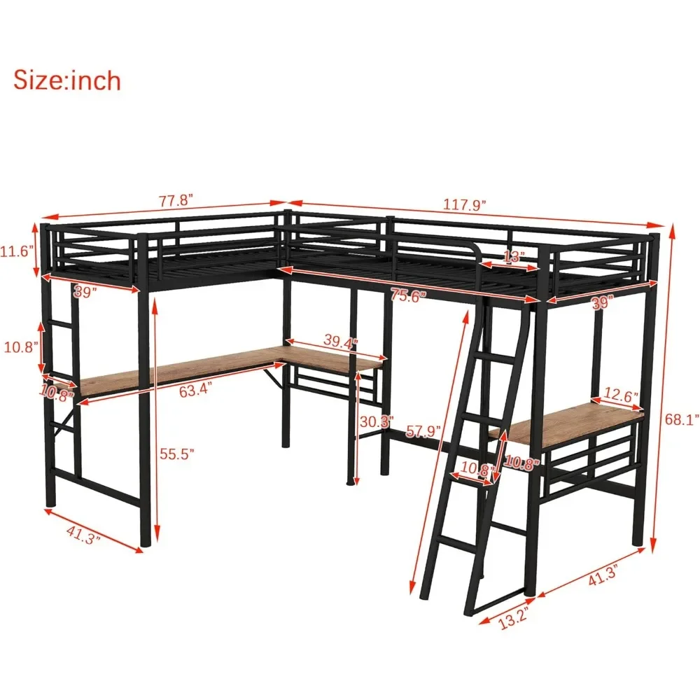 Twin Size L-Shaped Loft Bed with 2 Built-in Desks, Metal Loft Corner Bed with 2 Ladders and Safety Guard Rail,Space Saving,Black