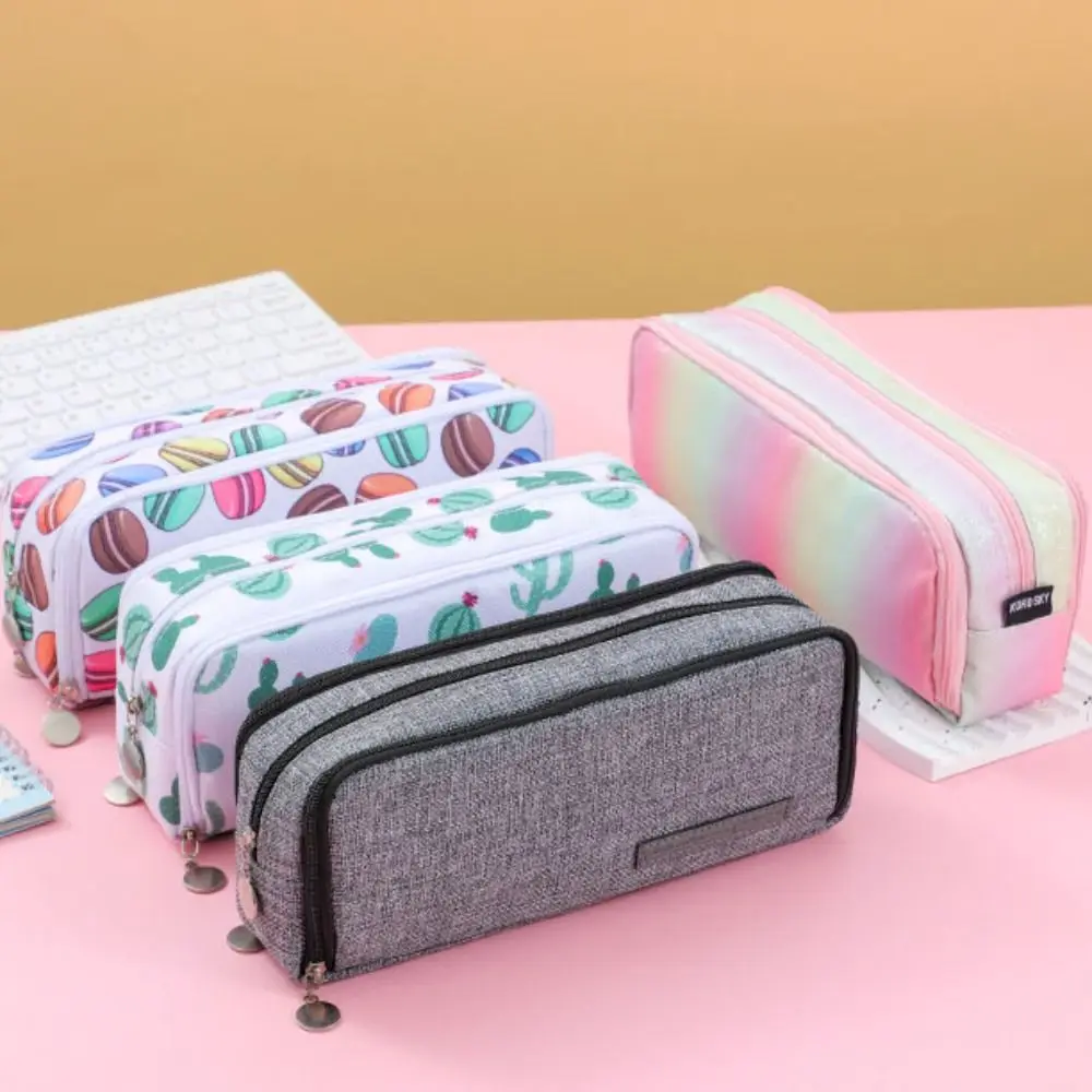 Portable Large Storage Pencil Bag 3 Compartment Zipper Pen Case Creative Cute Pencil Pouch School