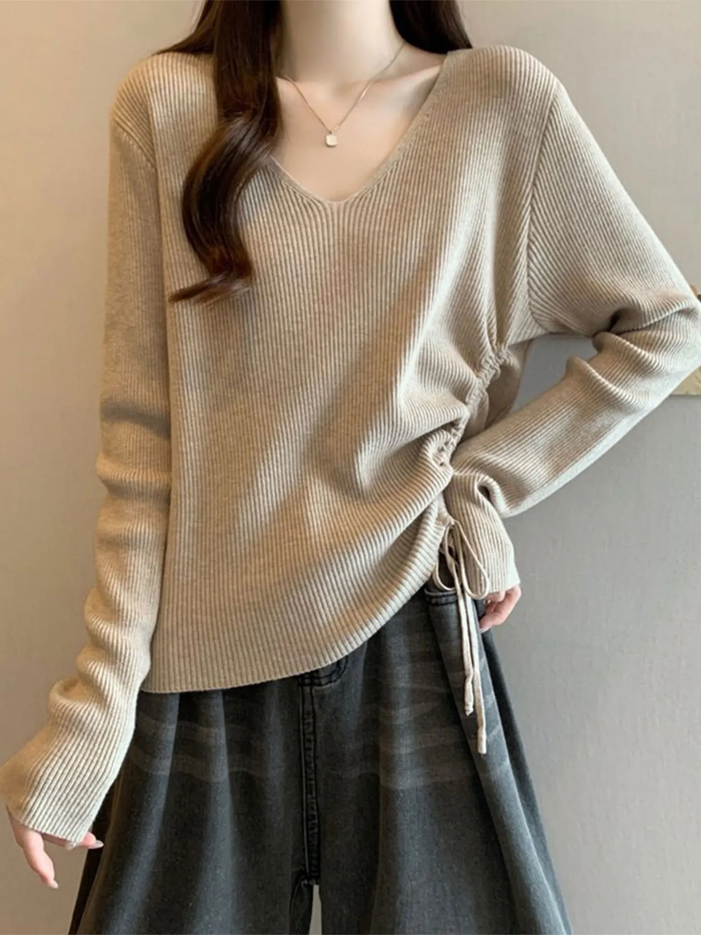 Olive een V-Ne Dstring Long Sve Knitted Base irt Women's plus Size Autumn Winter Casual Loose Fit Soft Fabric