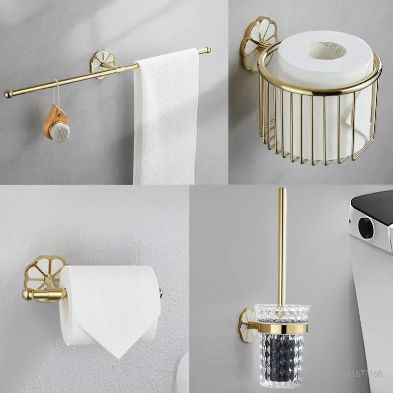 Bathroom Golden All-copper Towel Rack Roll Paper Rack Basket Hook Toilet Brush Wall-mounted Bathroom Hardware Pendant Single 1Pc
