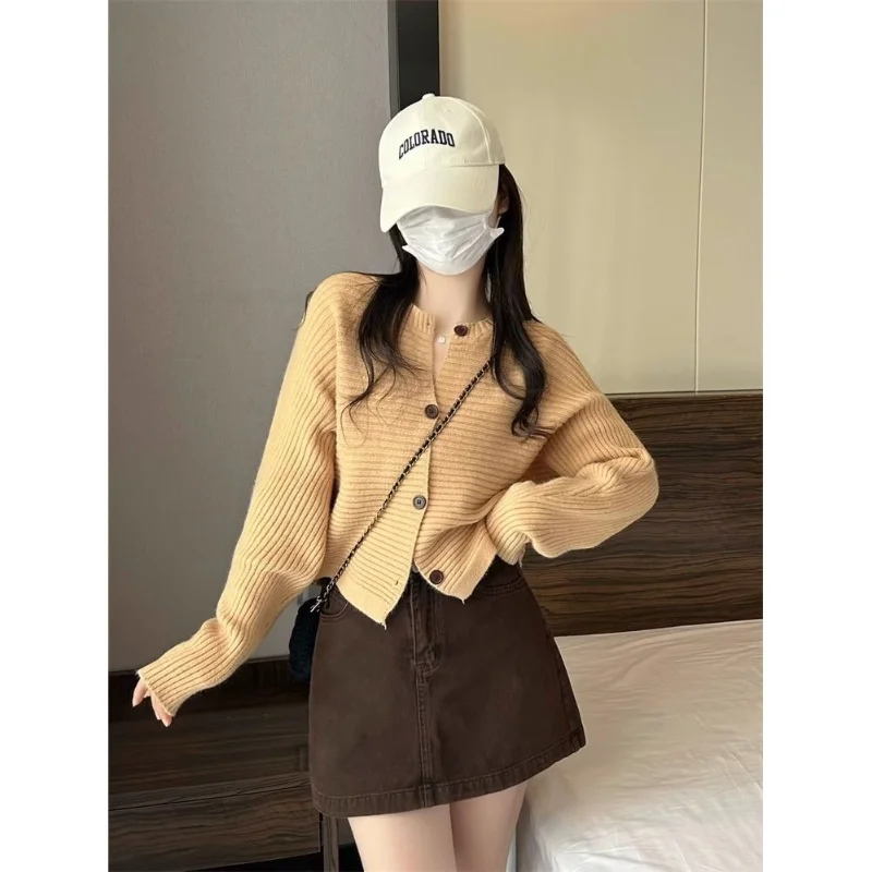Autumn and Winter Women's Small, Loose, High End Bat Sleeve Round Neck Short cardigan Sweater Coat All match Top
