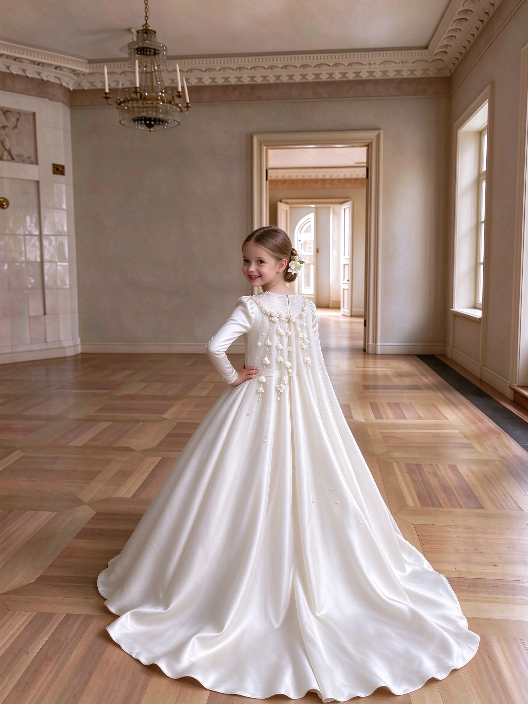Satin Stunning Flower Girl Dress Floral Appliques Kids Pageant Gowns Princess Birthday Party Dress