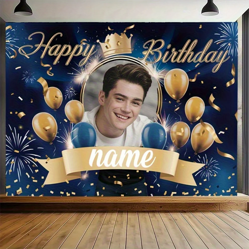 1 Stück Individueller Happy Birthday Foto-Hintergrund Banner Königsblau Gold Personalisierte Party-Dekoration