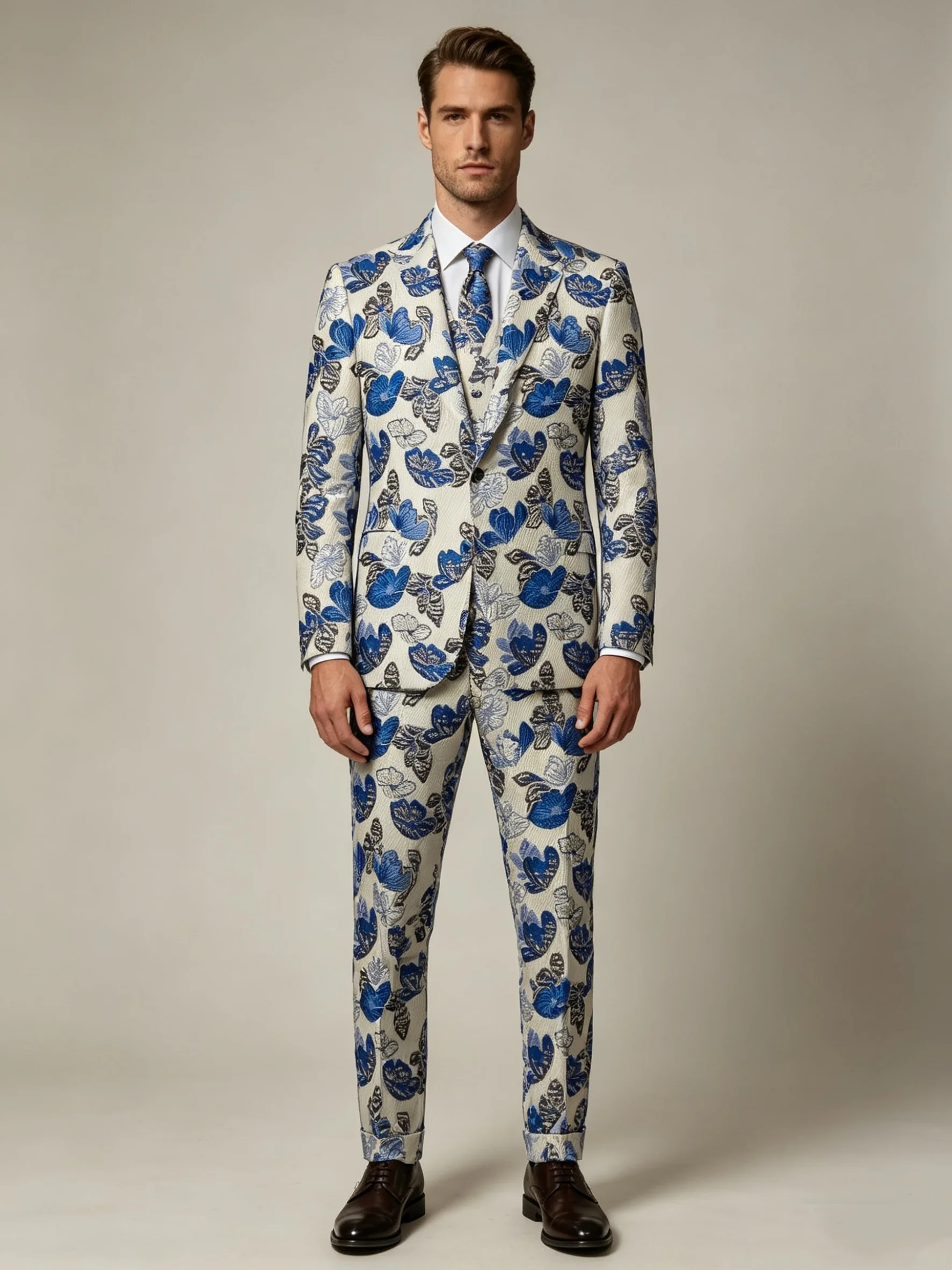 

Printed Blue Men Suit Set 2 Piece Blazer+Pants Cotton Prom Wedding Tuxedos Coat Customized Formal Office Fashion Groom Jacket