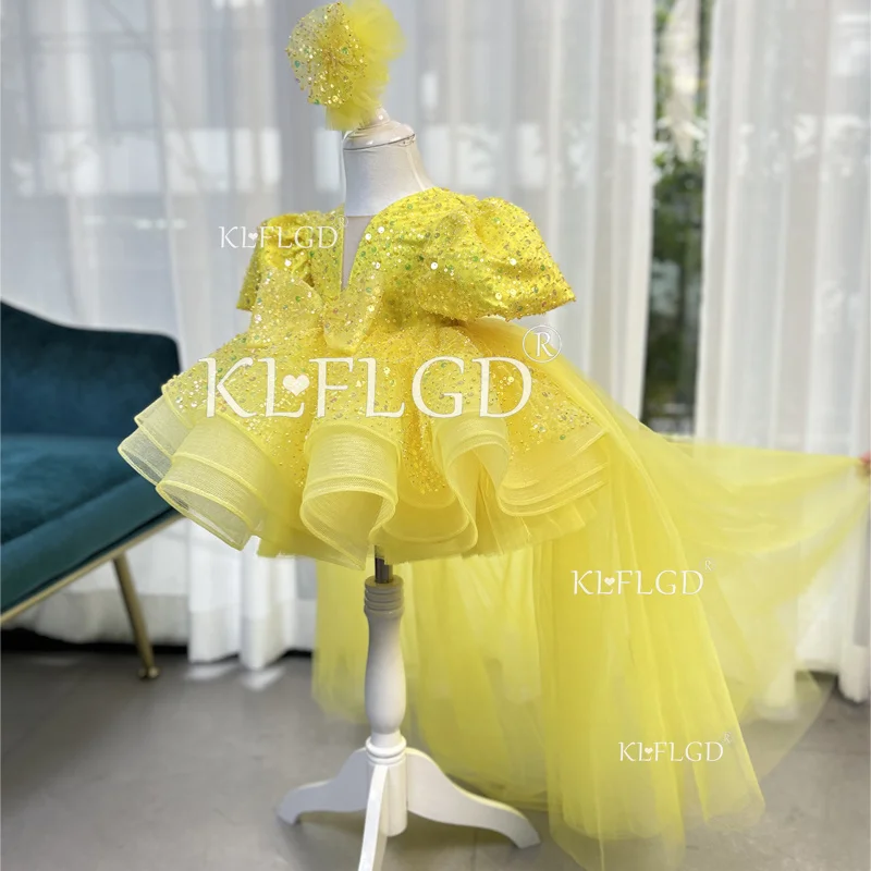 KLFLGD New Toddler Baby Girl One Year Old Dress Children Pageant Dress Yellow Tailed Dress Girls' Sequeined Ball Mesh Dress