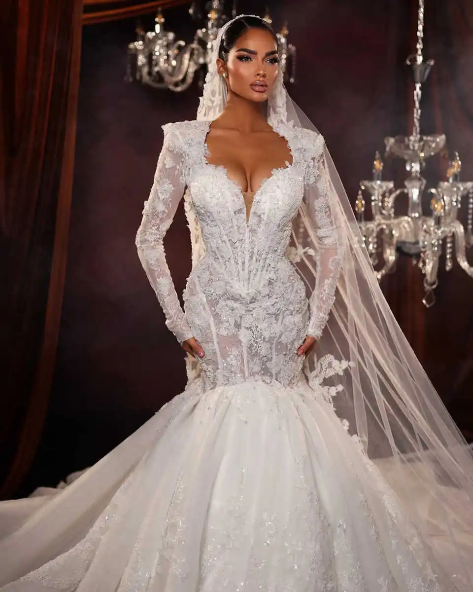 فستان زفاف حورية البحر رائع برقبة على شكل V فستان زفاف فاخر مزين بالزهور وأكمام طويلة مخصص فيستدوس دي نوفيا
