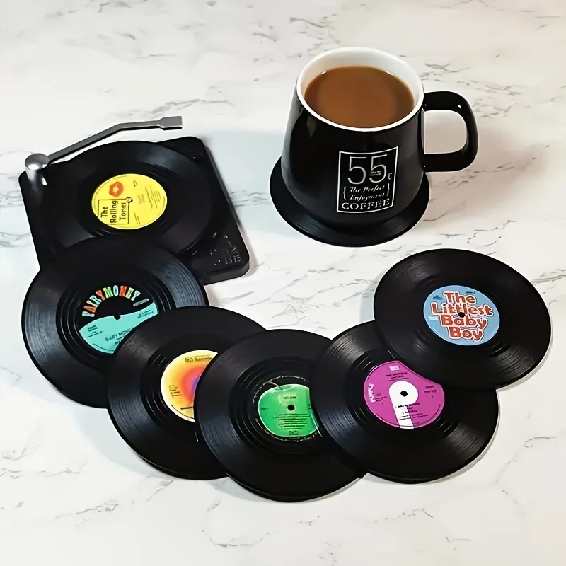 Posavasos de disco de vinilo, almohadillas de aislamiento antideslizantes, decoración de escritorio, creativo, retro, clásico, rock, CD nostálgico, 6 unidades