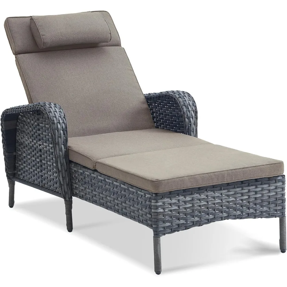 

Outdoor Chaise Lounge Patio Recliner - 75 Inch Adjustable Wicker Chaise Lounge with Soft Pillow Removable Cushions