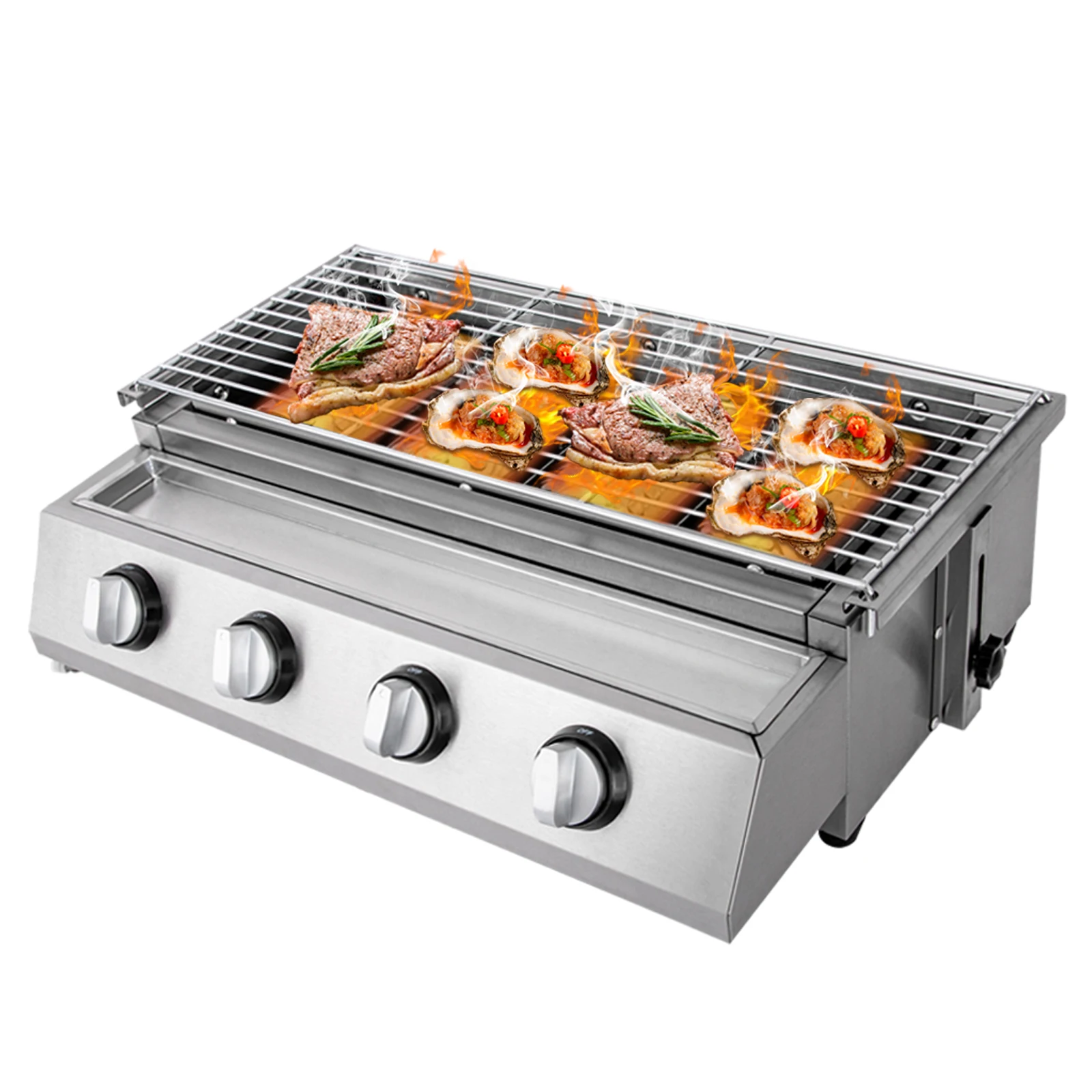 4 Burners BBQ Propane Gas Grill Stainless Steel Smokeless Barbecue Grill Portable BBQ Grill Removable for Outdoor Patio Garden