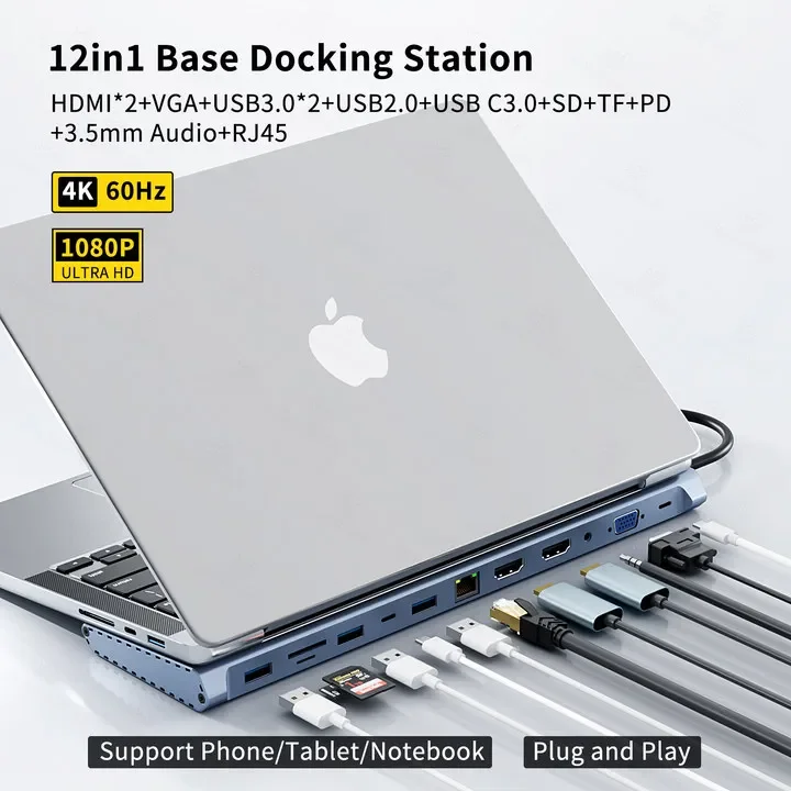 MST USB C Stasiun Dok Laptop dengan Port USB Dual 4K HDTV VGA 3.5 Audio PD 100W SD TF Ethernet Laptop untuk MacBook Dell XPS