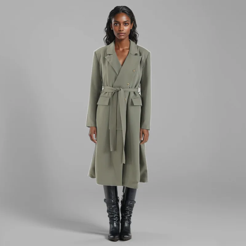 2025 design retro green trench coat women's belt strap long coat asymmetrical bevelled breasted long coat