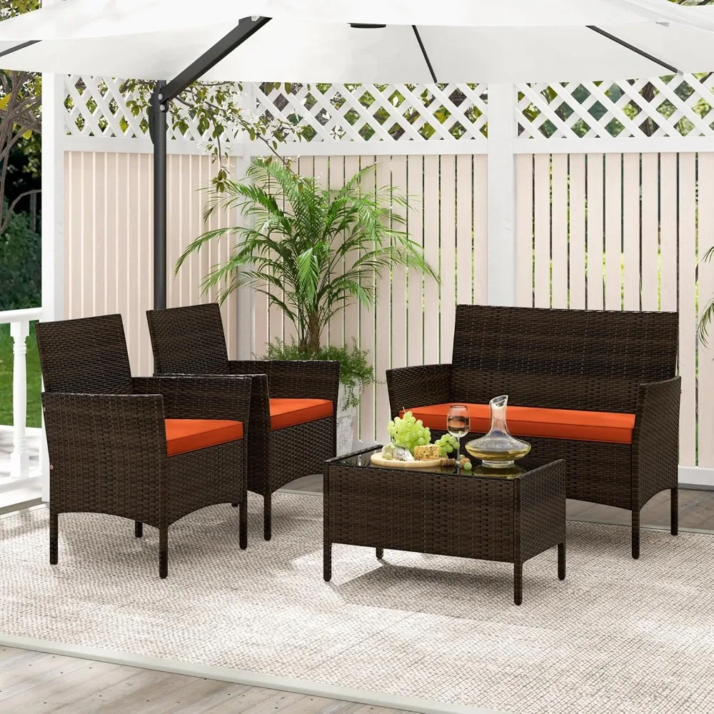 

4 Pieces Patio Furniture Set, Rattan Chairs Loveseat with Soft Cushion and Glass Table, Outdoor Wicker Conversation Set