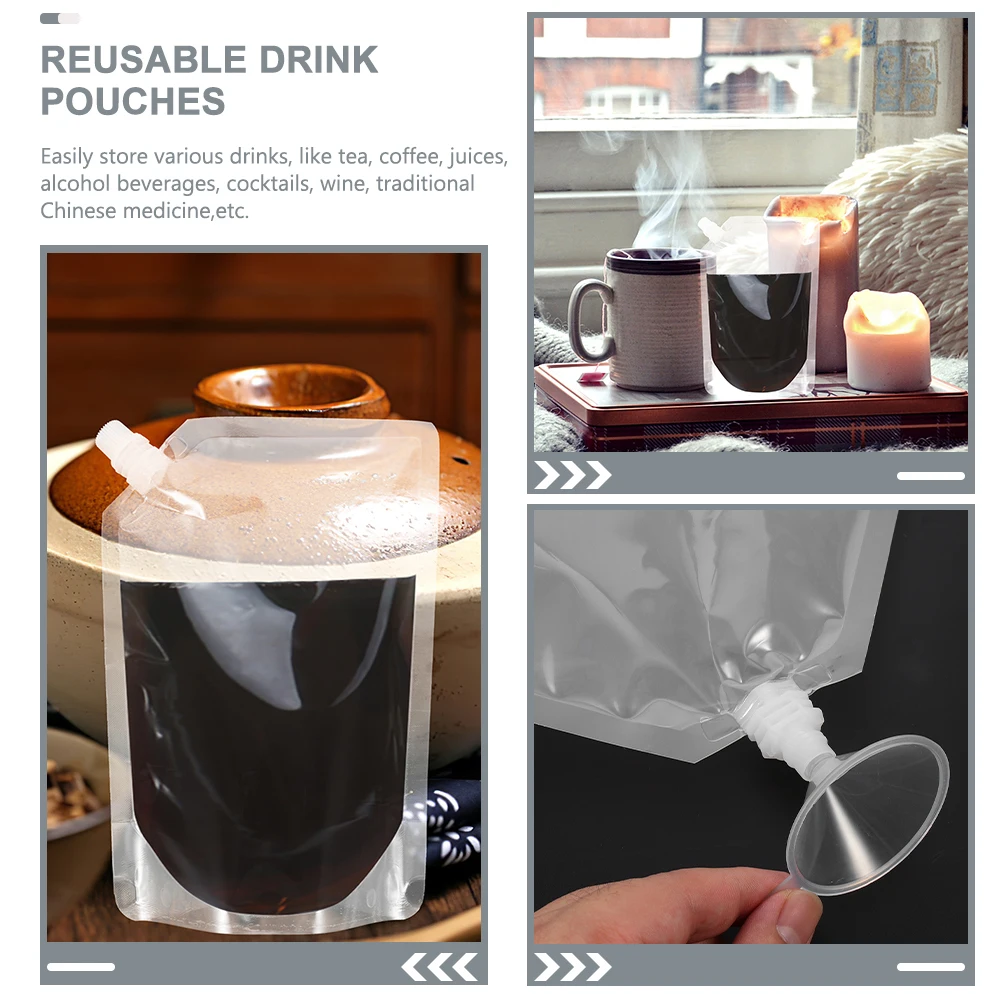 

6 Drink Bags 2 Funnels 250ml Clear Reusable Leak Proof Flask for Travel Tea Coffee Juice Storage drink pouches kitchen bar