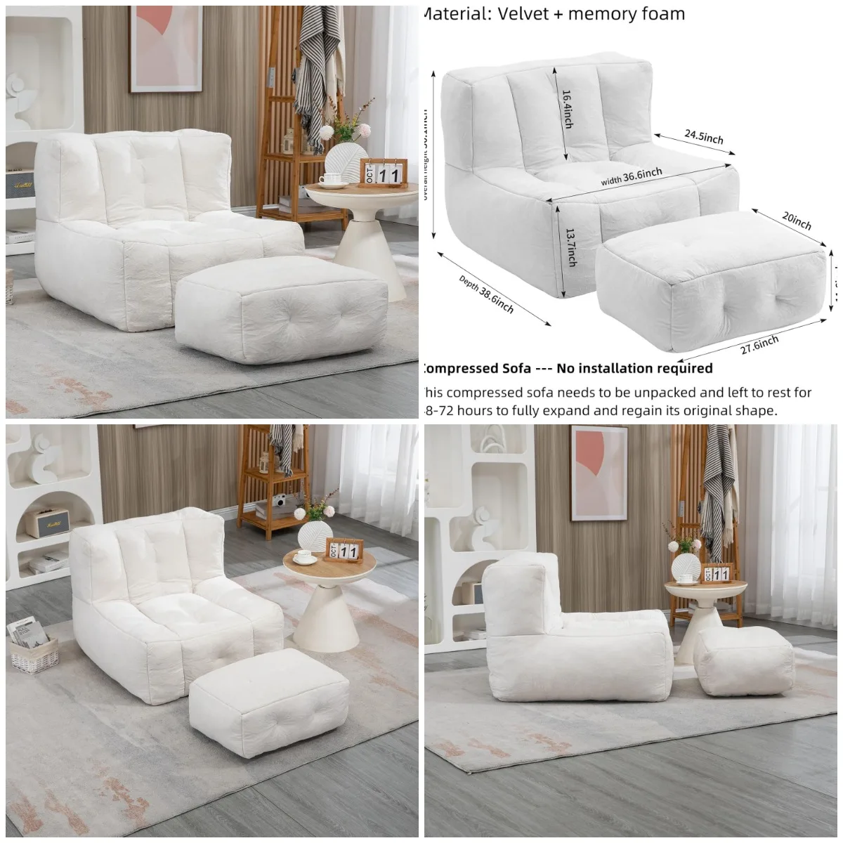 

Giant Velvet Bean Bag Sleeper Chair with Ottoman, Fluffy Memory Foam Lazy Floor Couch Sofa, White