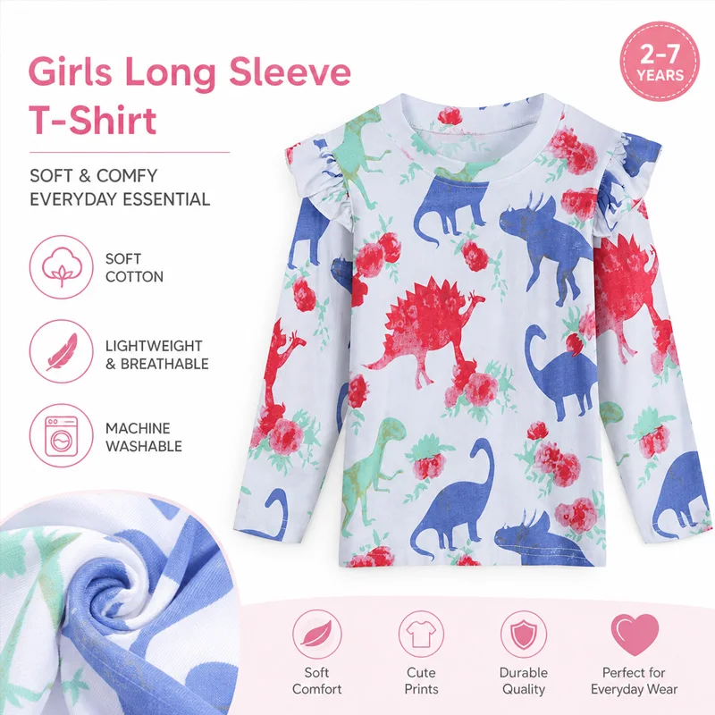 Little Hand Girls Long Sleeve T-shirt Toddler Ruffle Flutter Sleeve Top Dinosaur Floral Spring Autumn Children Clothes for 2-7T