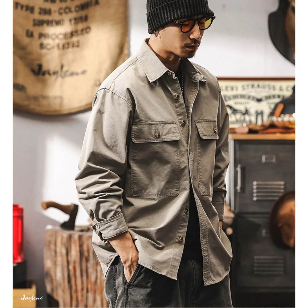 Men's Spring and Autumn's new work shirt, American retro pure cotton long-sleeved shirt, trendy coat