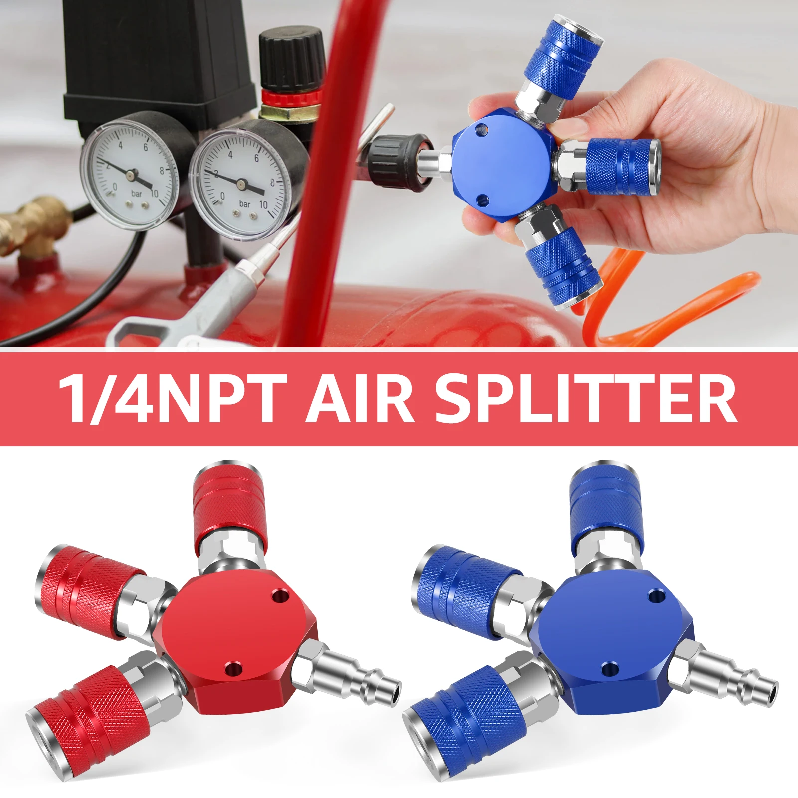 Air Splitter 3-Way Manifold with 3 Industrial Coupler Plug 1/4inch Quick Connect Air Compressor Hose Fitting Air Hose Connector