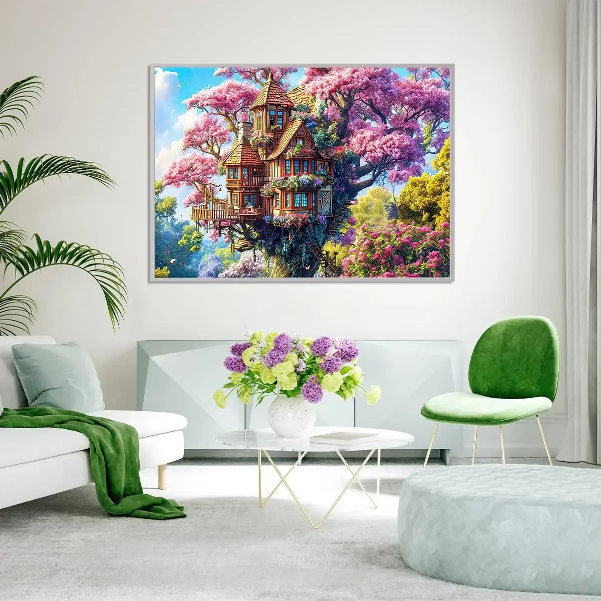 Adult Wooden Puzzle 1000/500/300 Piece Tree House and Flowers Jigsaw Puzzles for Gameroom Bedroom Livingroom Party Birthday Gift